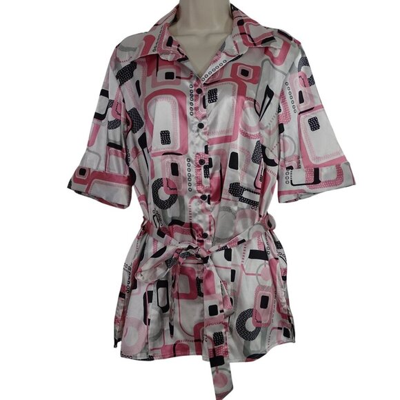 Cato Tops - Cato Retro Print Satin Look Button Up Top Women Size 14W 16W Belted FLAW